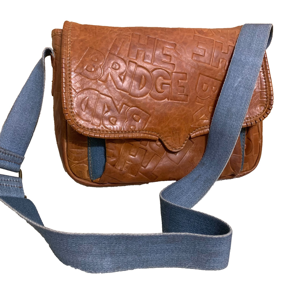 THE BRIDGE Brown Logo-Embossed Leather Vintage Saddle Messenger Bag w/Denim Trim